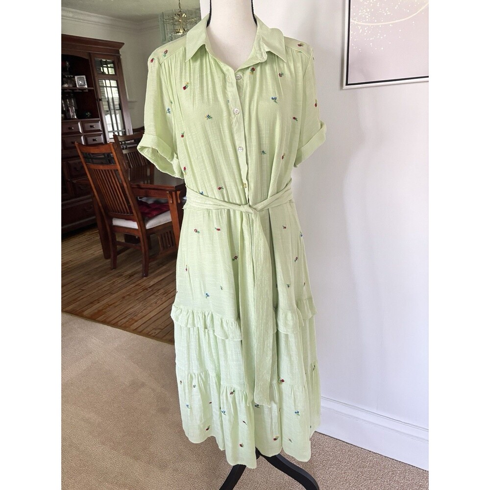 Figueroa & Flower Floral Lime Green Midi Dress Sz Large Boho Cottagecore